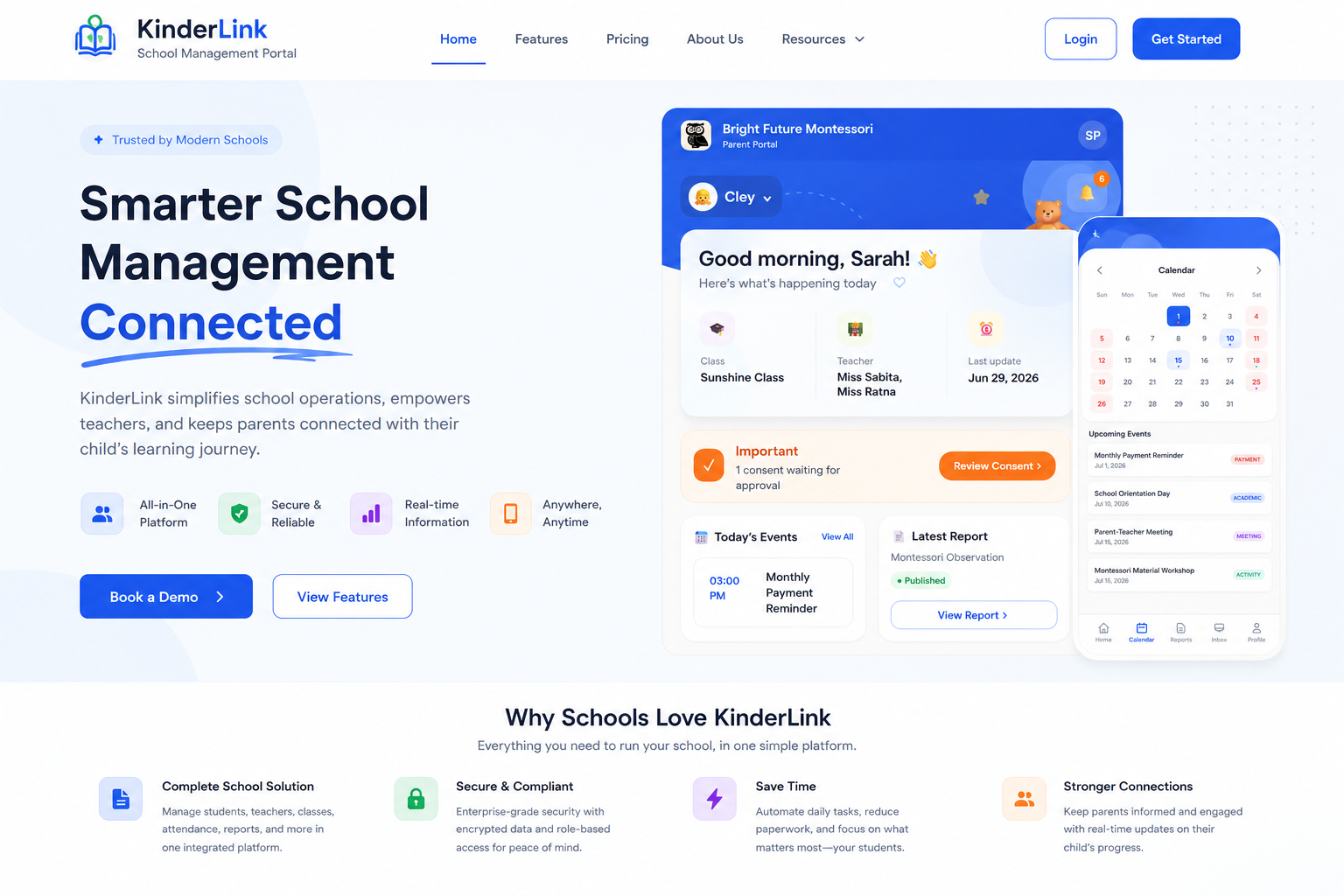 KinderLink school management dashboard and parent portal preview